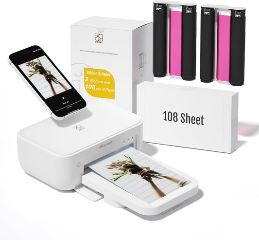 HPRT Photo Printer 4x6 with 108 Sheet Photo Paper& 2 Ribbon, Instant Picture Printer for iPhone, Smartphone, Thermal Dye Sublimation, WI-Fi Connnecting, Home Use, White