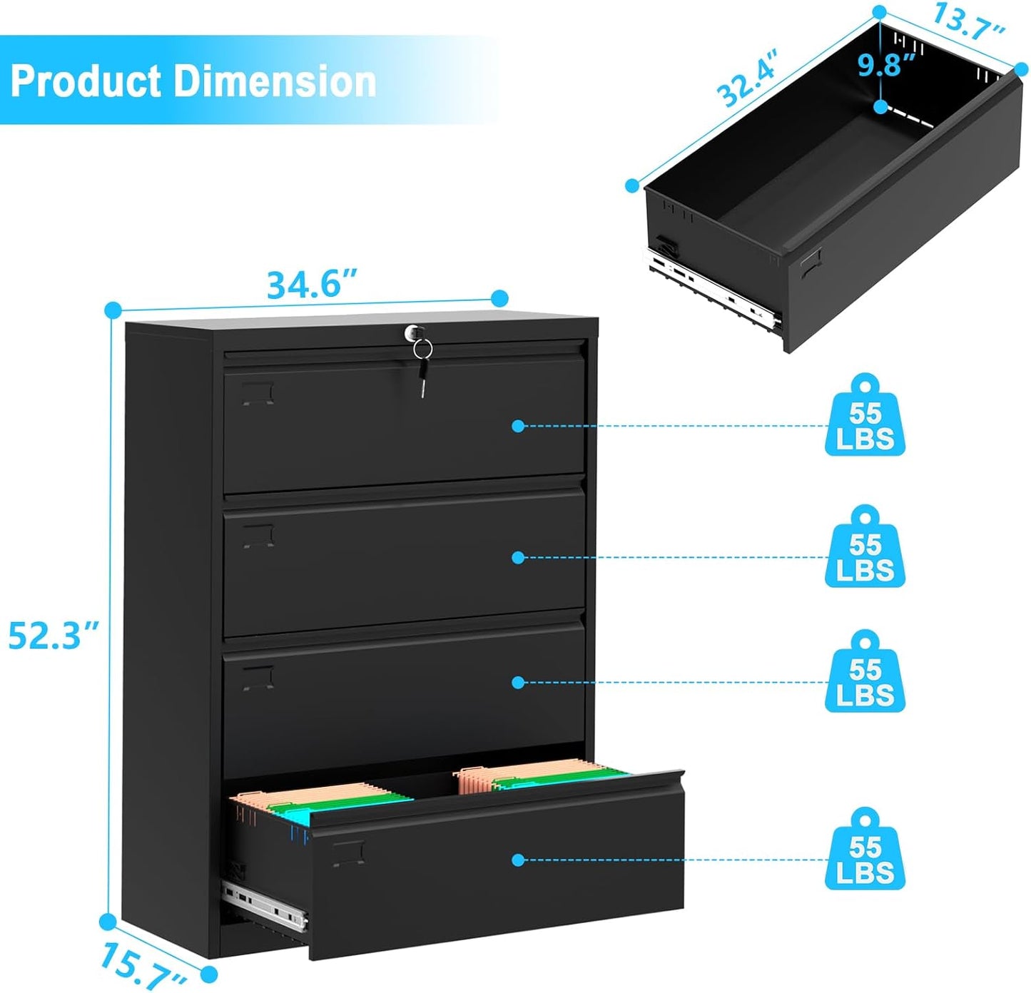 52inch High 4 Drawer Metal Lateral Filing Cabinet - File Cabinets, Lockable Storage, Organizes Hanging Files (Letter/Legal/F4/A4 Size), Requires Assembly