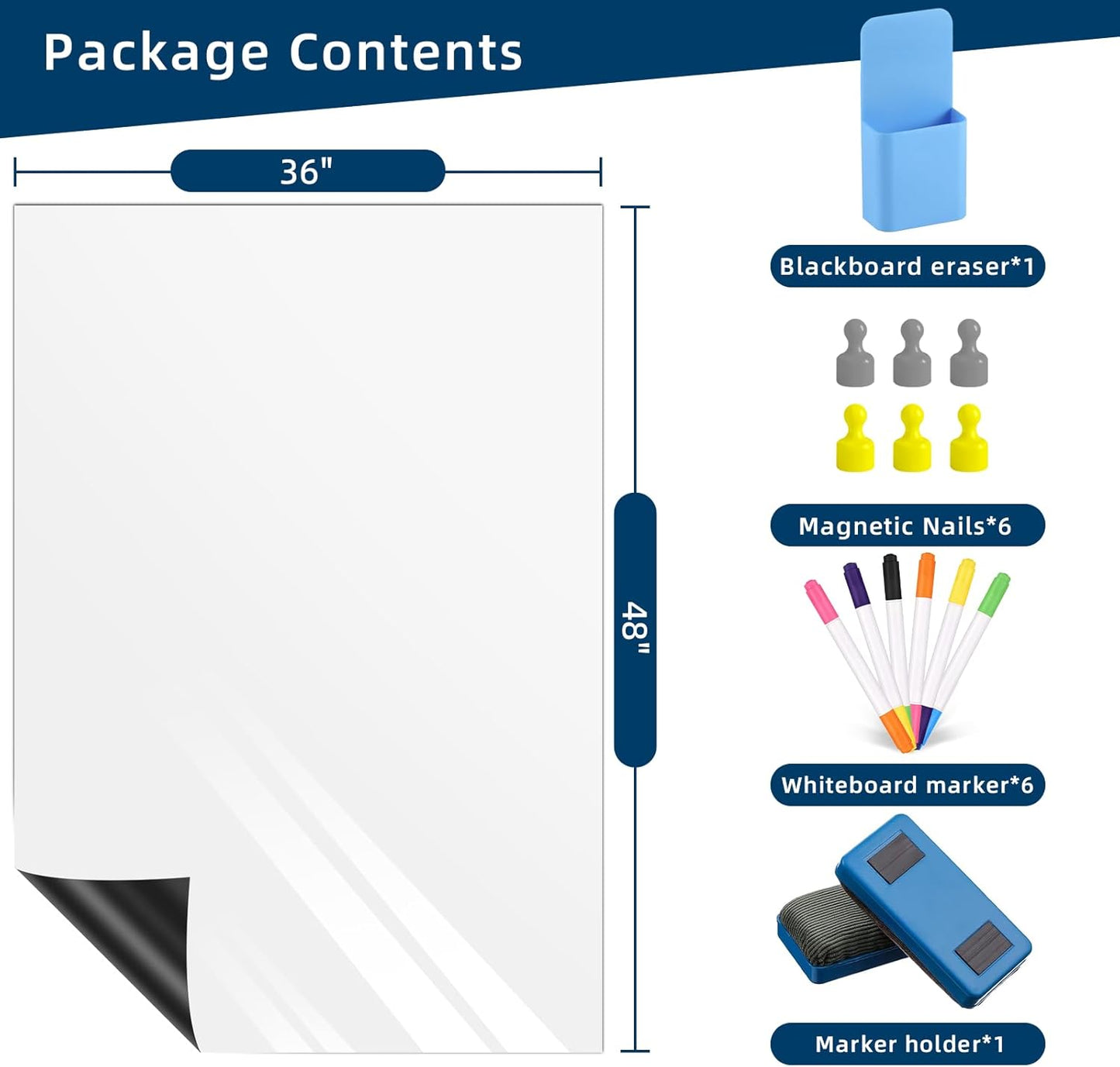 Magnetic Dry Erase Whiteboard for Refrigerators, 48" x 36" White Board on Wall for Organizer and Planner, Kitchen Fridge Shopping List with Marker, Magnetic Eraser and Magnets
