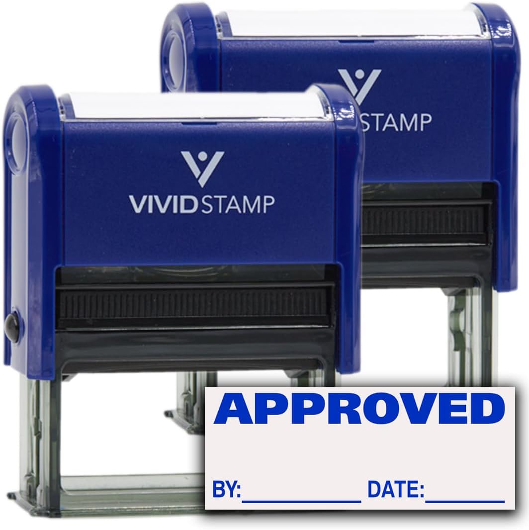 Approved w/by Date Line Self-Inking Office Rubber Stamp (Blue) - Medium 2 Pack