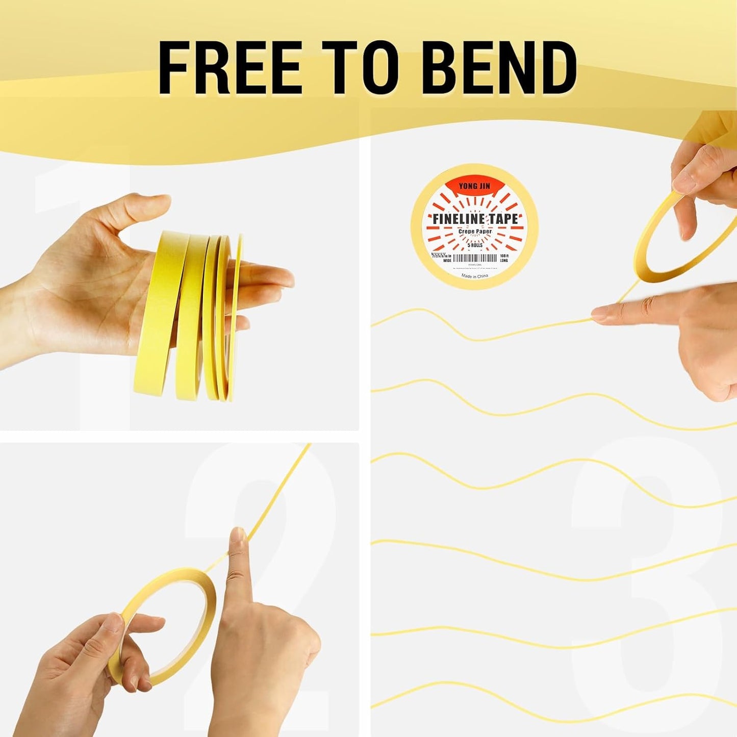 YONGJIN Multi-Size Pinstripe Tape, Fine Line Masking Tape Set for Automotive, DIY, Paint, Art (1/16", 1/8", 1/4", 1/2", 5/7")