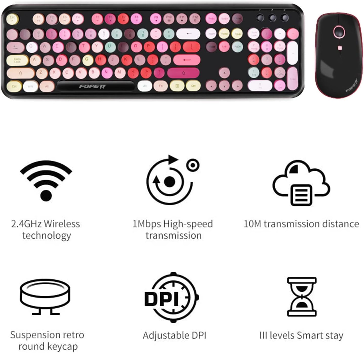 Wireless Keyboard and Mouse Combo, 2.4 GHz Full-Sized Typewriter Keyboard and Mouse Wireless with Round Keycaps for Windows, Computer, Desktop, PC, Laptop (New BlackColorful)