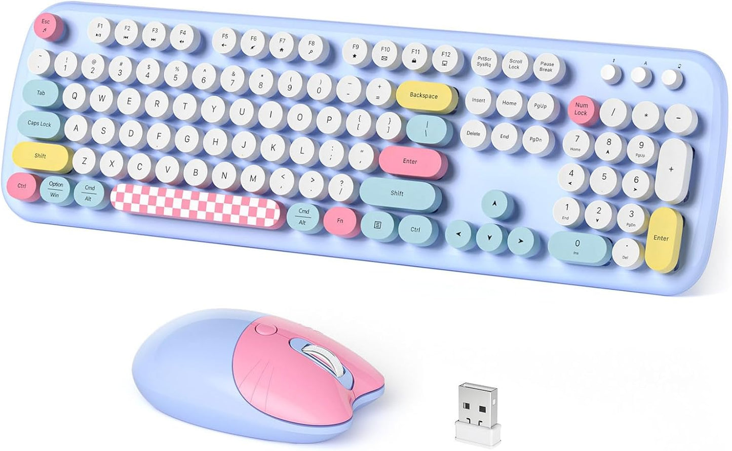 Wireless Keyboard and Mouse Combo, Full-Sized Typewriter Keyboards, Cute Cat Shaped Wireless Mouse, USB Plug and Play for Windows, Computer, PC, Laptop, Desktop (Blue Colorful)