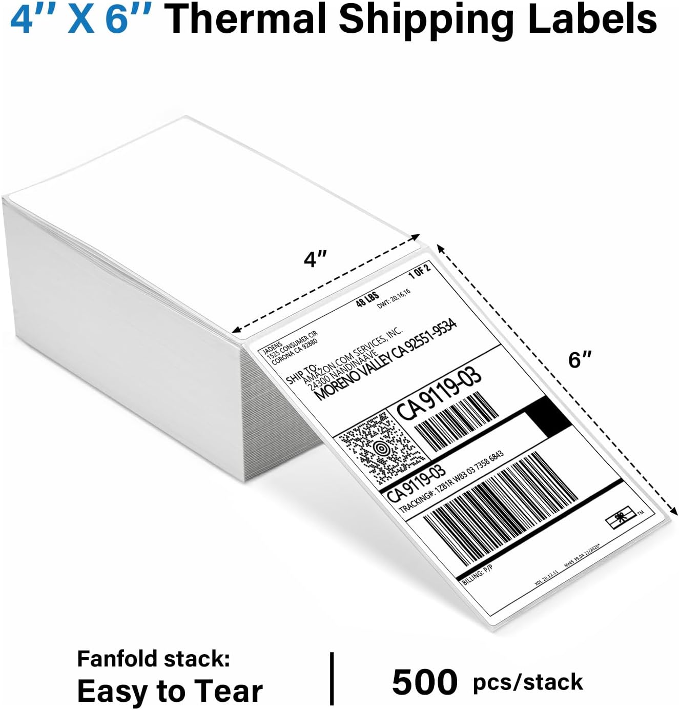 Thermal Shipping Labels 4x6-500 Labels Fan-Fold, Mailing Postage Paper for Thermal Printers, Strong Adhesive, Jam-Free, Compatible with JADENS, Rollo, Munbyn, for Office & Home
