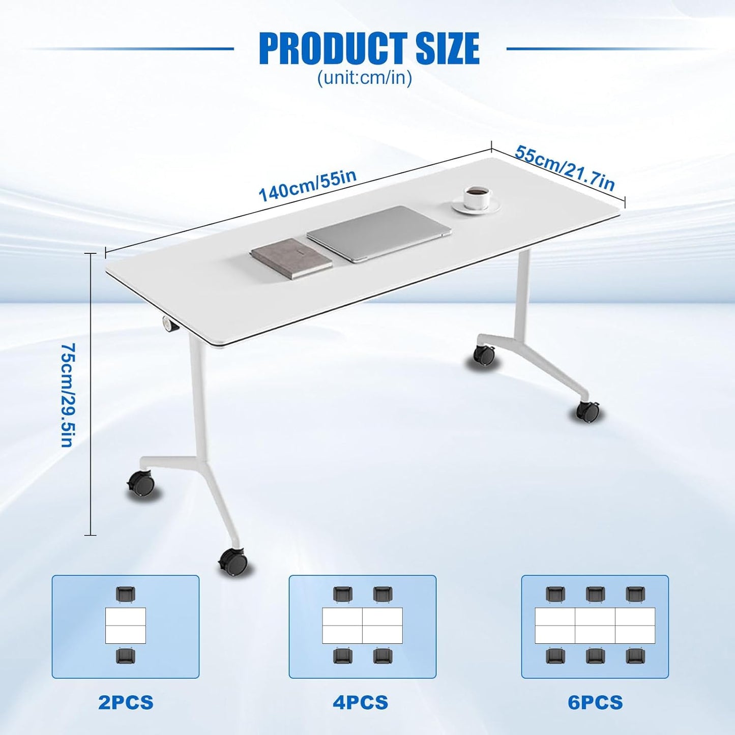 Conference Table, Folding Conference Desk Modern White, Seminar Table with Wheels, 2-10 People for Office, Meeting Break Room (6, 1915, 55IN)