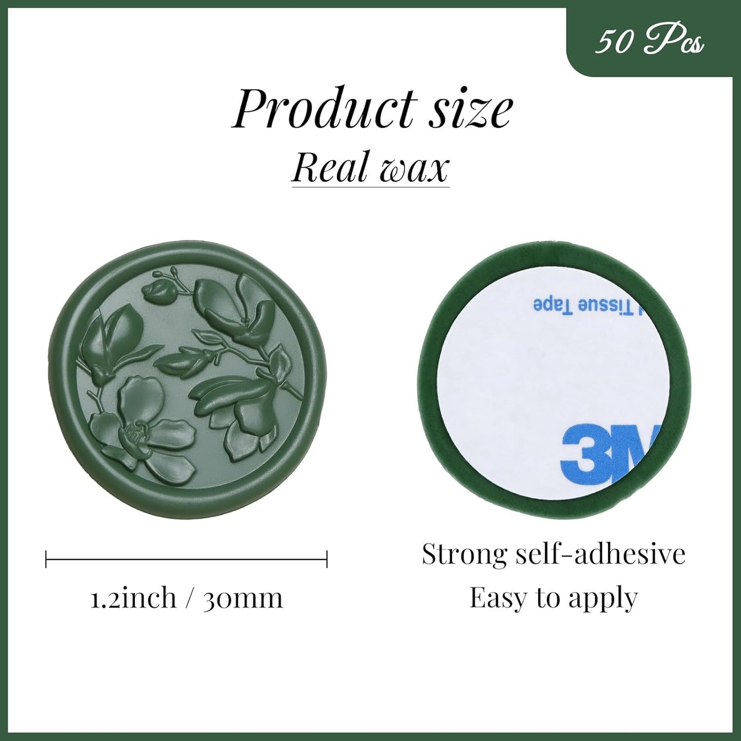 UNIQOOO Wax Seal Stickers - 3D Magnolia Wedding Invitation Envelope Botanical Seal Stickers, 50 Pcs Self- Adhesive Olive Green Sticker, Perfect for Invitation, Christmas, Gift Wrapping, Party