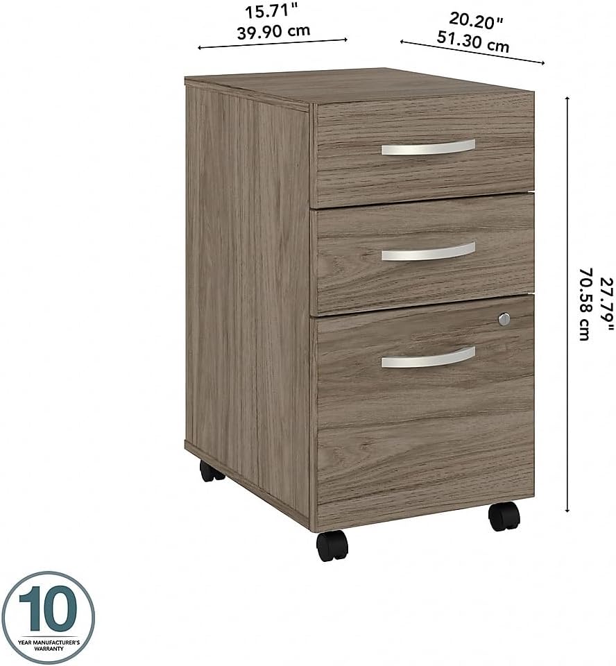 Bush Business Furniture Studio C 3 Drawer Mobile File Cabinet in Modern Hickory - Assembled, Rolling Document Storage for Home or Professional Office