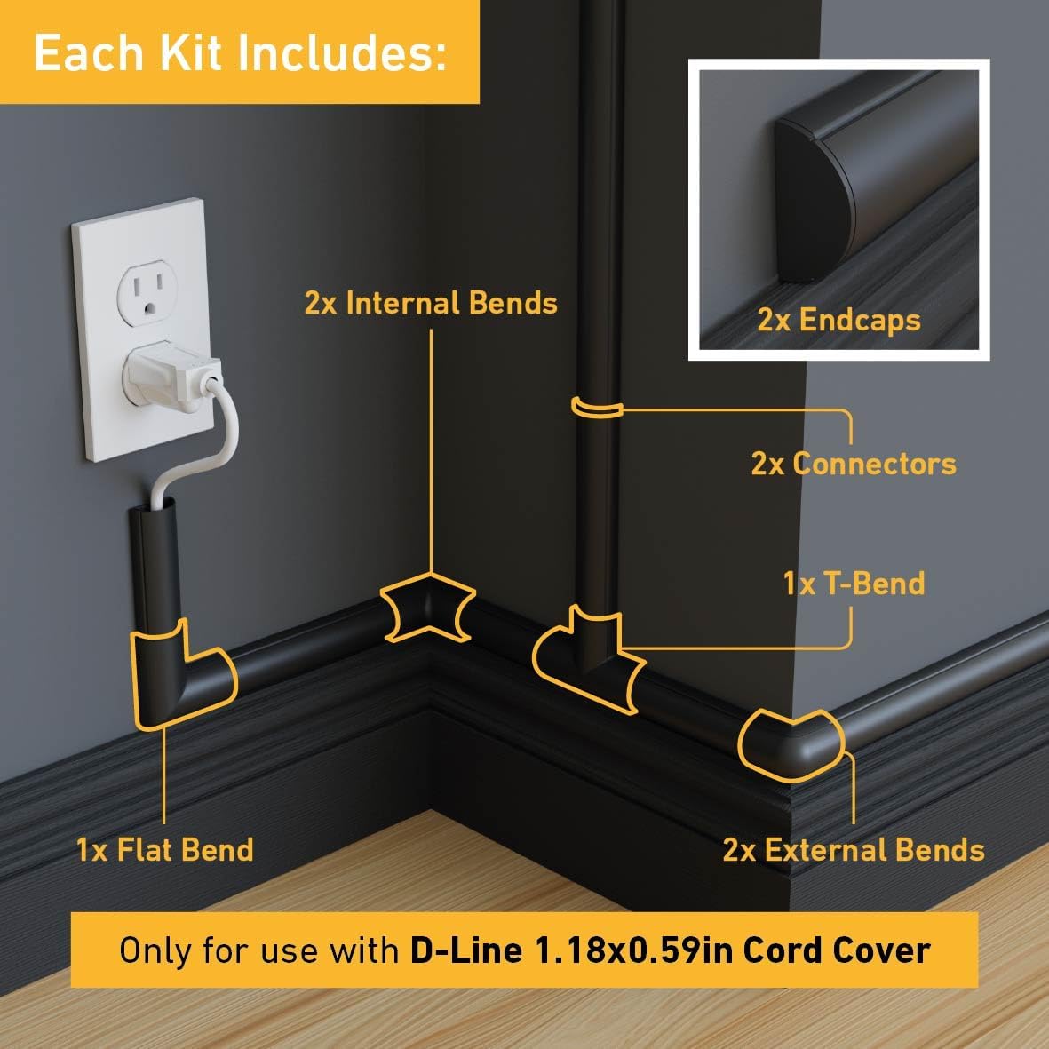 D-Line Medium Cable Raceway Accessory Pack, Join 1.18in x 0.59in Cord Cover Lengths, 10 Accessories Included, Hide Cords Around a Variety of Angles - Black
