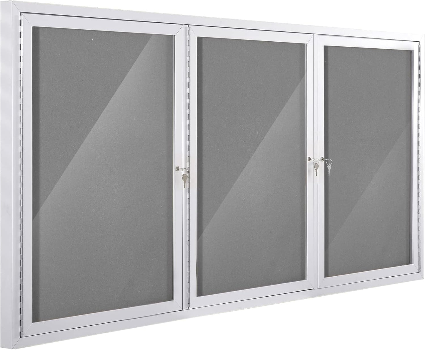 SWANCROWN Weather Resistant Enclosed Bulletin Board Gray Fabric Displays Boards Wall Mounted Notice Cabinet with Three Locking Doors, 70x36 inches