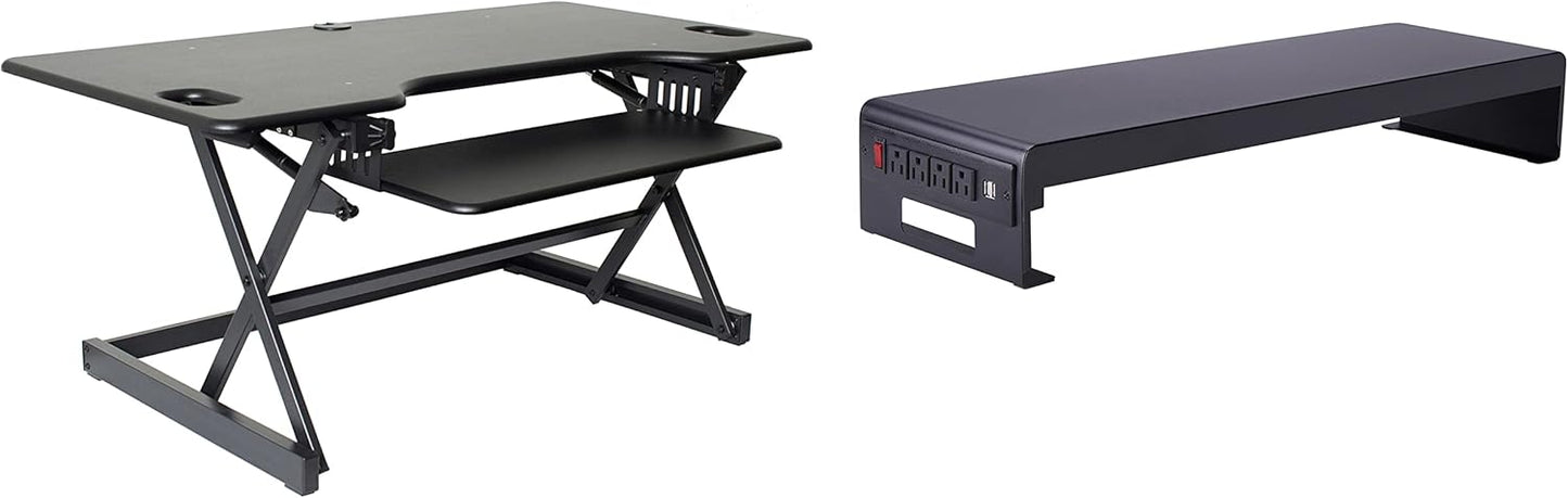 Rocelco 46" Large Height Adjustable Standing Desk Converter with Double Monitor Mount Stand BUNDLE - Quick Sit Stand Up Computer Workstation Riser - Retractable Keyboard Tray - Black (R DADRB-46-DMS)