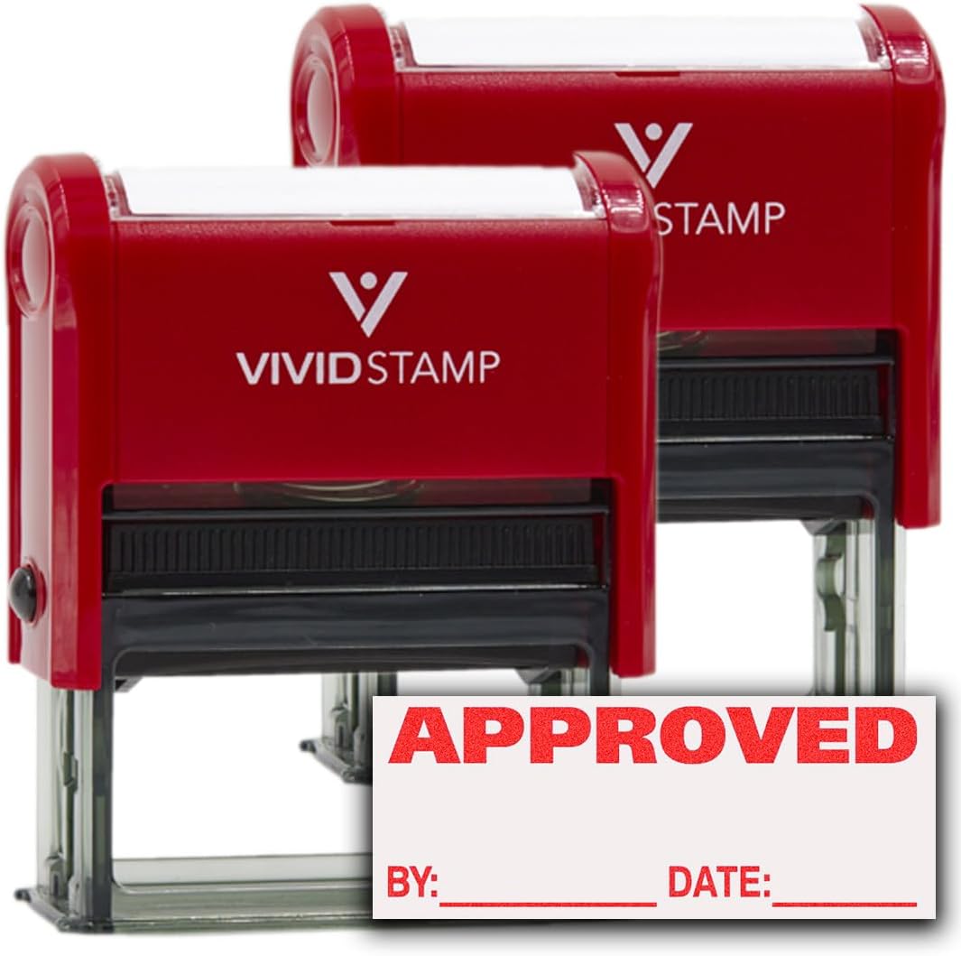Approved w/by Date Line Self-Inking Office Rubber Stamp (Red) - X-Large 2 Pack