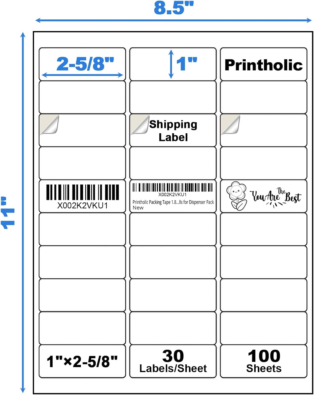 3000 30 Per Sheet Self Adhesive 1" x 2-5/8" Address Shipping Labels for Laser & Inkjet Printers, 100 Sheets, 30 Per Labels Per Page
