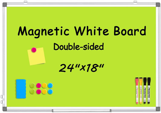 WALGLASS Magnetic Whiteboard 24"x18" Dry Erase White Board for Walls with Pen Tray, Aluminium Frame and Dry-Wipe Writing Surface for Kids' Drawing, Home, and Office (Green)