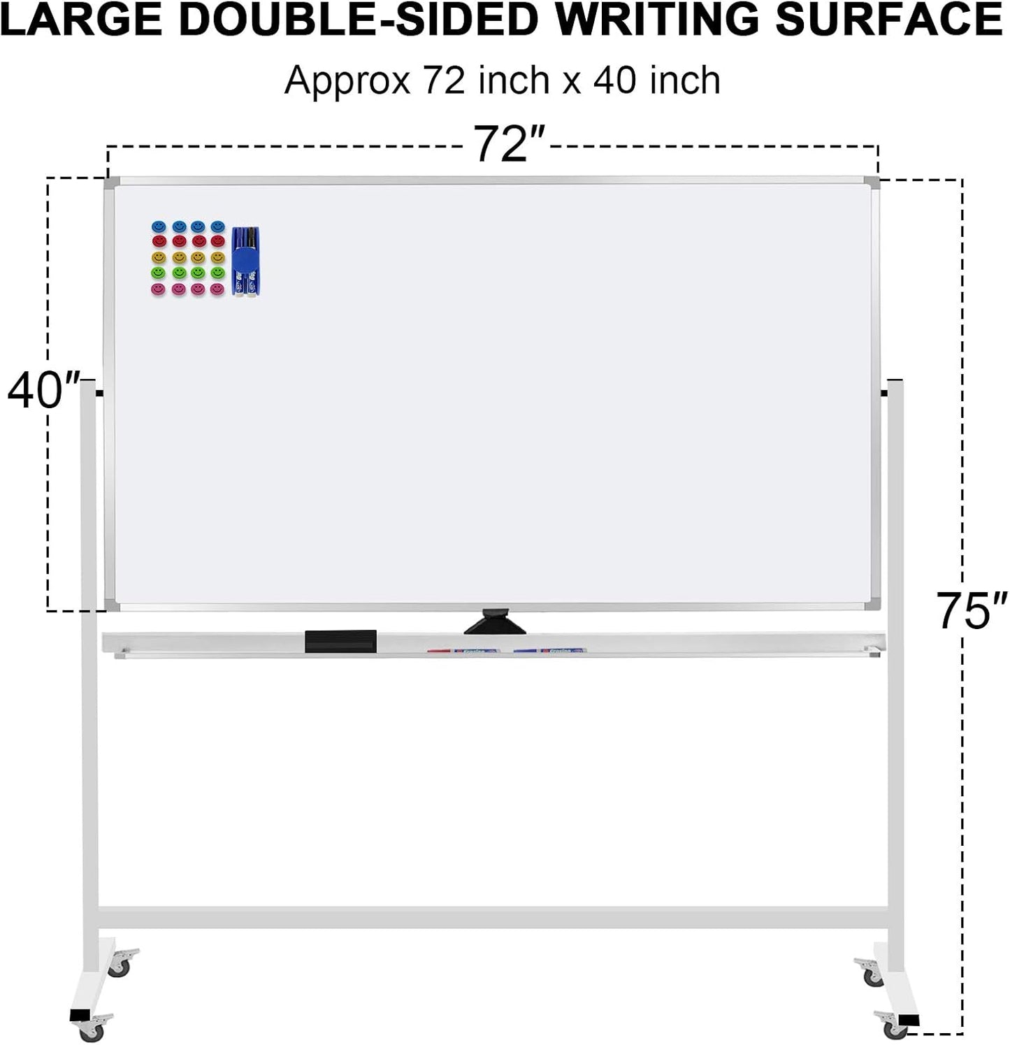 Mobile Whiteboard 72"x40" Magnetic Dry Erase White Boards on Wheels Double-Sided Large Whiteboard with Rolling Stand for Classrooms, Offices and Home