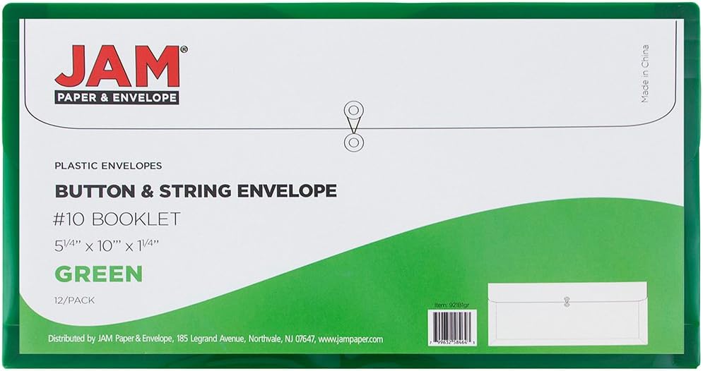JAM PAPER Plastic Envelopes with Button & String Tie Closure - #10 Business Booklet - 5 1/4 x 10 - Green - 12/Pack