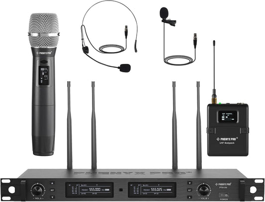 Phenyx Pro Wireless Microphone System, True Diversity Dual Cordless Microphone Set w/UHF Handheld/Bodypack/Headset/Lapel Mics, Auto Scan, 2x1000 Channels for Stage & Studio (PTU-2U-1H1B)