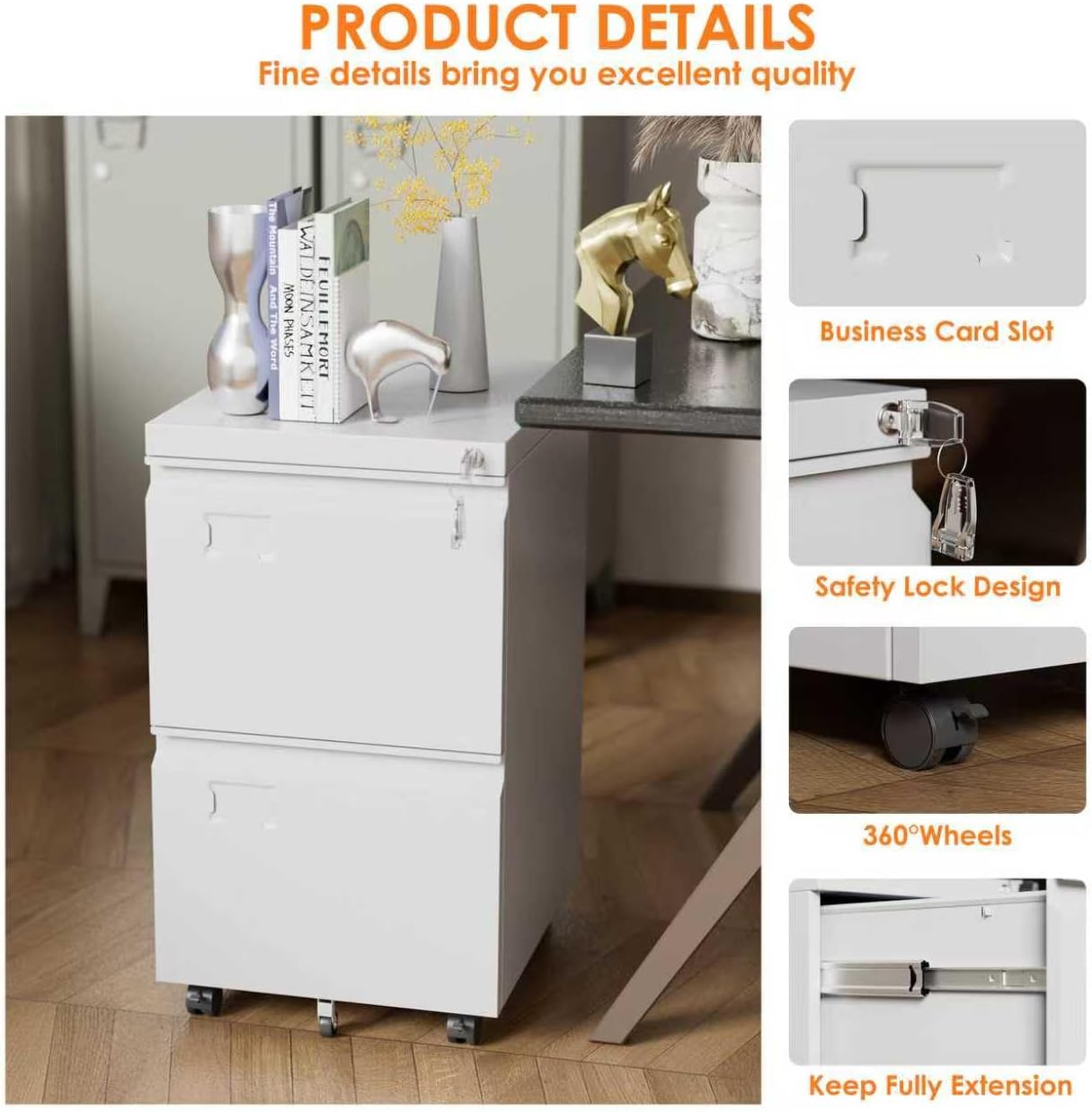 2 Drawers Mobile File Cabinet, Metal Under Desk Cabinet with Lock, for Office & Home, Legal/Letter Size, W14.57”x D17.36”x H25.79”, Assembly Required(White)