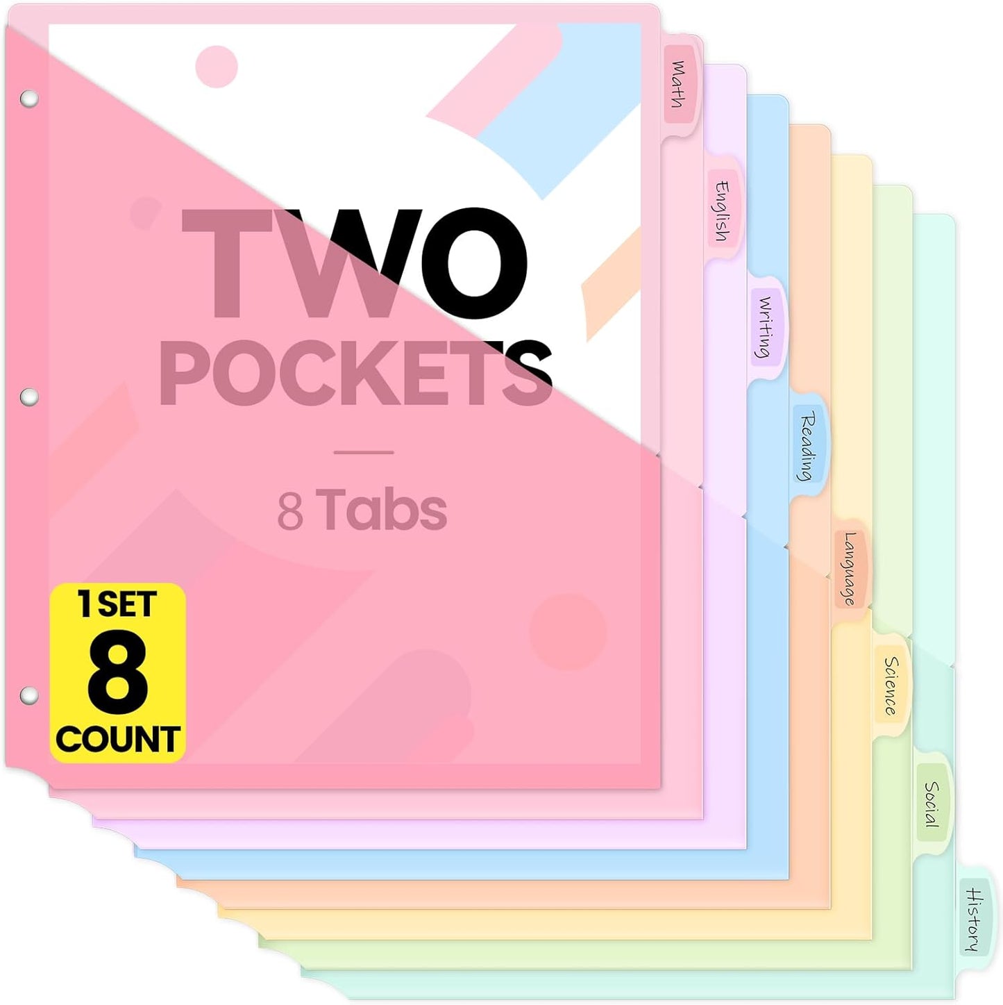 Sooez 8 Count Dividers with 2 Pockets, 8 Tabs Binder Dividers for 3 Ring Binders, Binder Dividers with tabs, Binder Divider with Pockets for US Letter Size, Insertable Big Tabs, Pastels, 1 Set