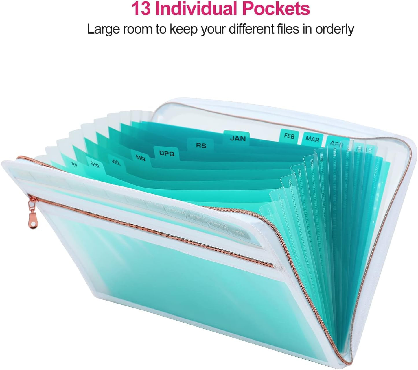 MEGREZ Expanding File Folder with 13 Pockets, A4 Paper File Folder with Zipper Color Labels, Waterproof Accordion File Folder Organizer for Home Office, Green-Clear