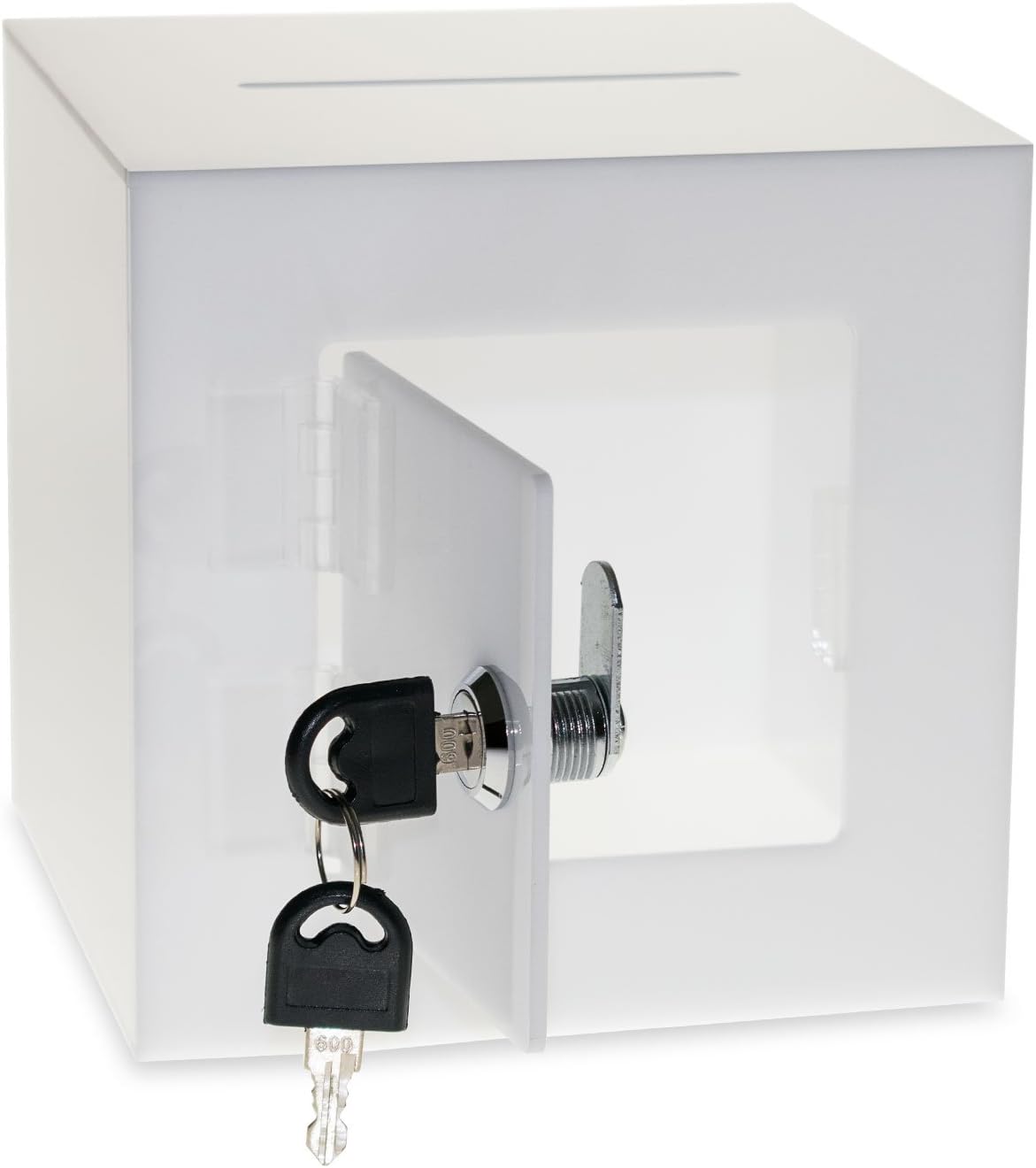 Source One Premium Acrylic Cube Donation Box with Deluxe Rear Open Door and Cam Lock Suggestion Box (8 Inch, White)