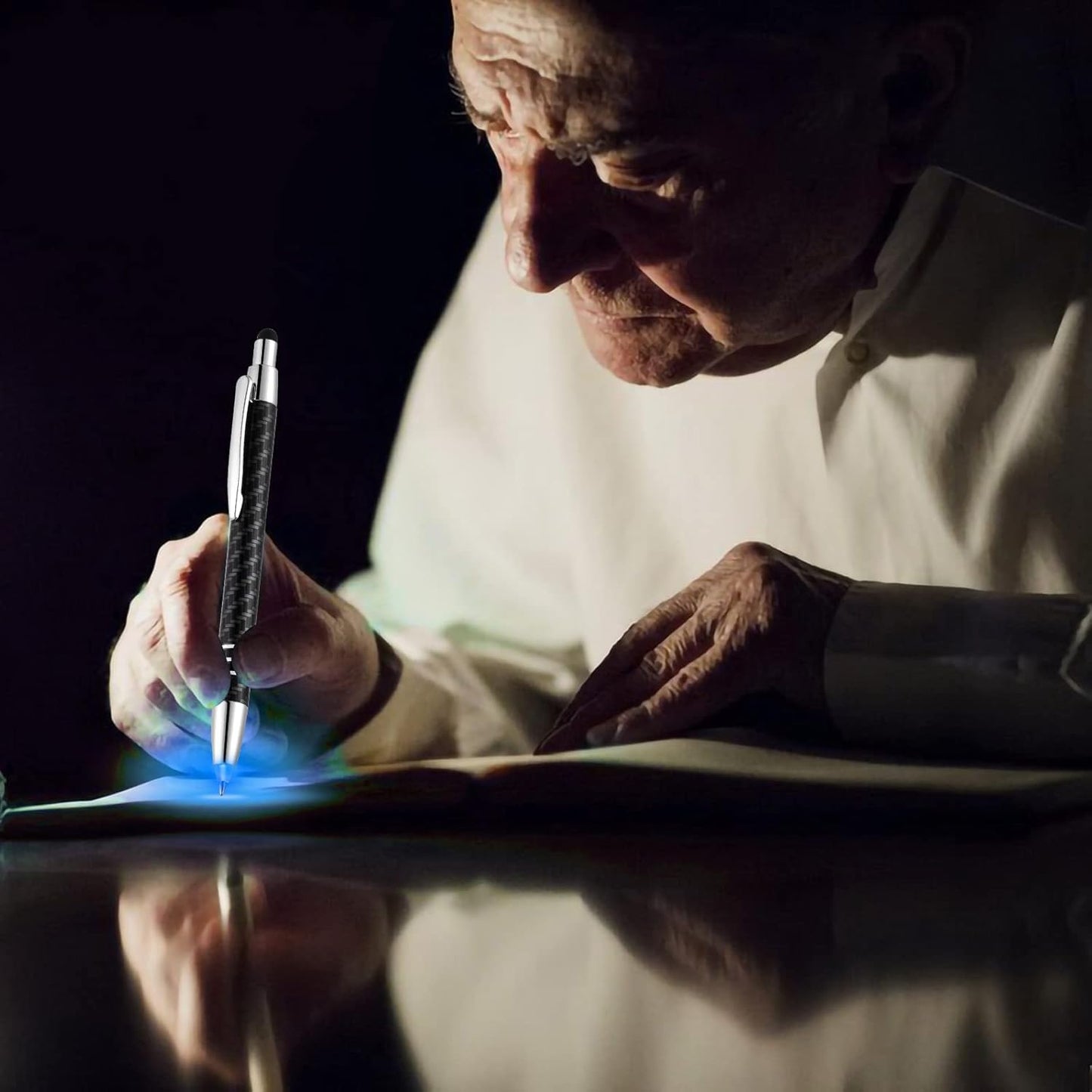 Glovion Lighted Tip Pen With Stylus 3-in-1 - LED Penlight Ballpoint Pen for Writing in the Dark - Pack of 3 - Blue Light - GL006