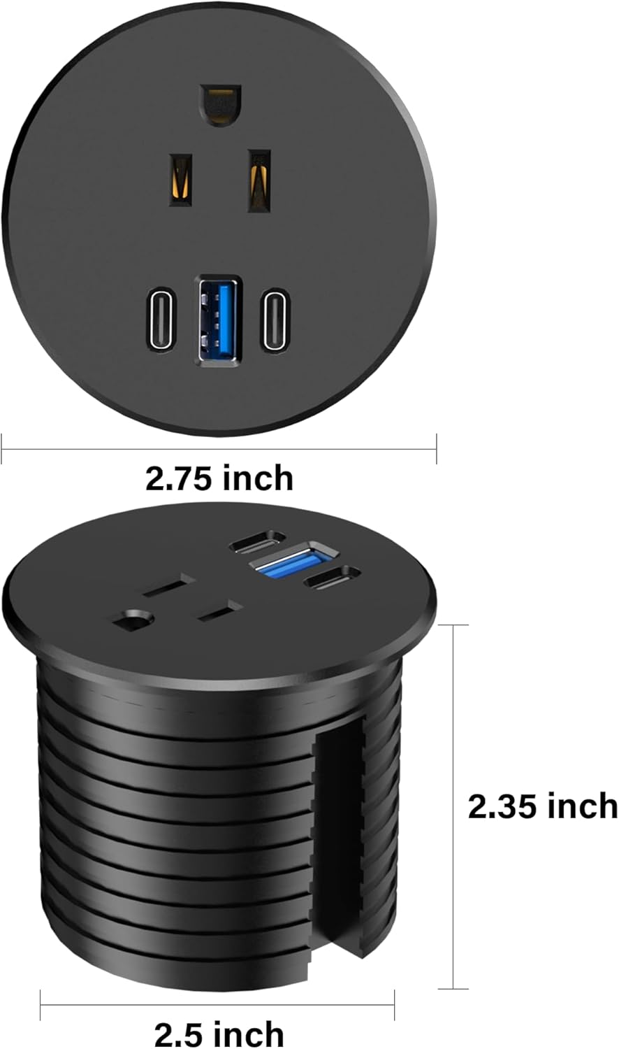 2.5 inch Power Grommet,20W USB-C Charging,1 Outlet with 2 USB C,1 USB Port,Furniture Flush Mount for Desktop,Recessed Power Strip,Workspace Essential Desk Outlet (Black, 10 FT)