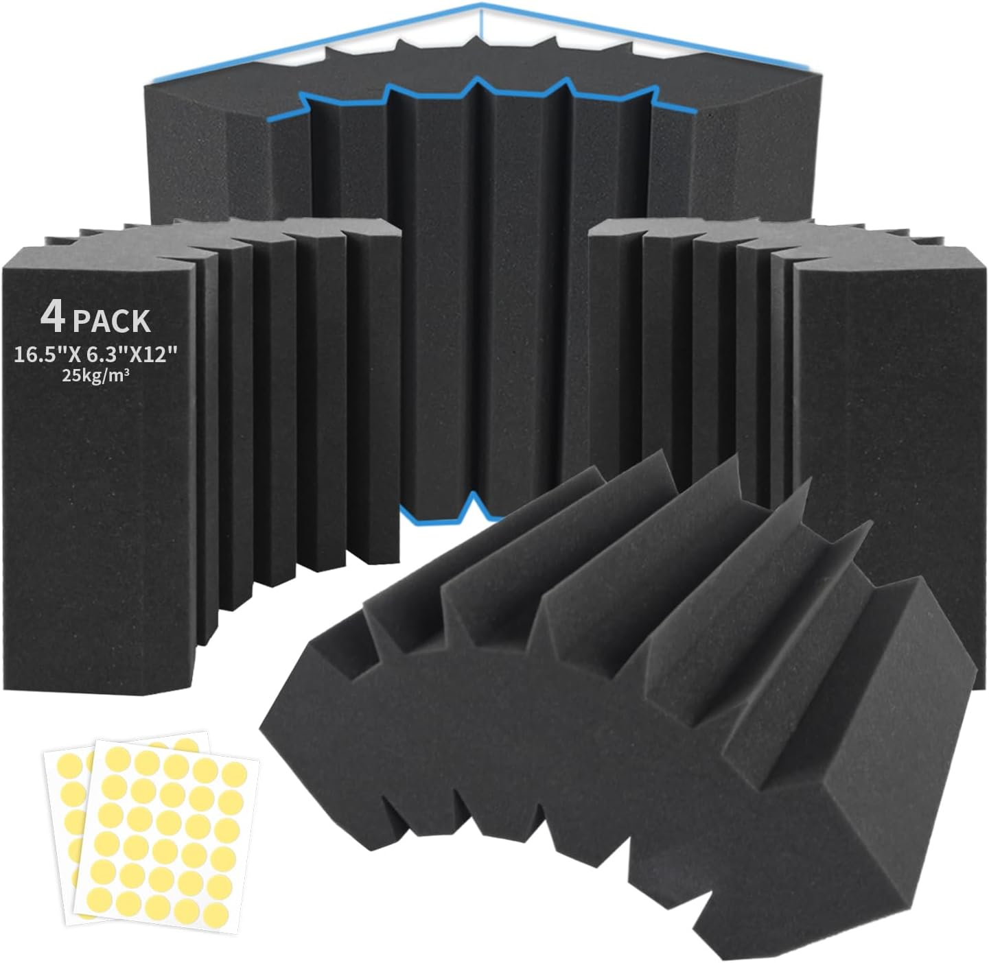 4 Pack Bass Traps Corner Acoustic Foam Corner 16.5" X 6.3" X 12" Acoustic Foam Panels Soundproof Padding Wall Panel Corner Block for Home Studio and Theater