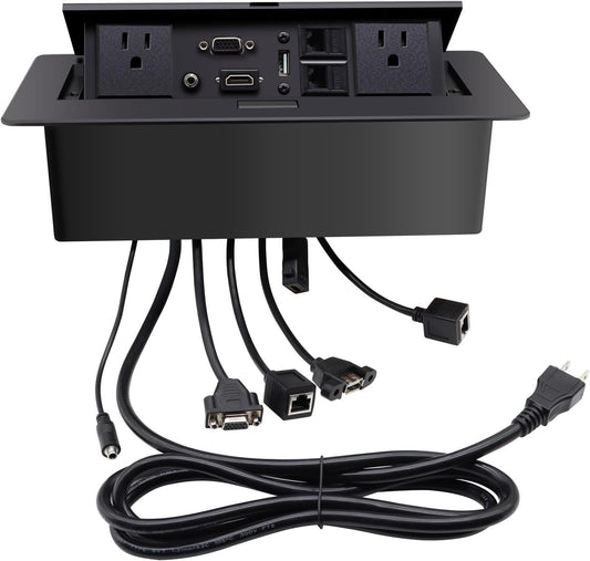 Pop Up Outlet; Pop up Power Strip; Embedded countertop Connection Outlet Box; 2 Power Outlets,HDMI USB VGA 3.5mm Audio Network Port Conference Table Multimedia Outlet Box - Black
