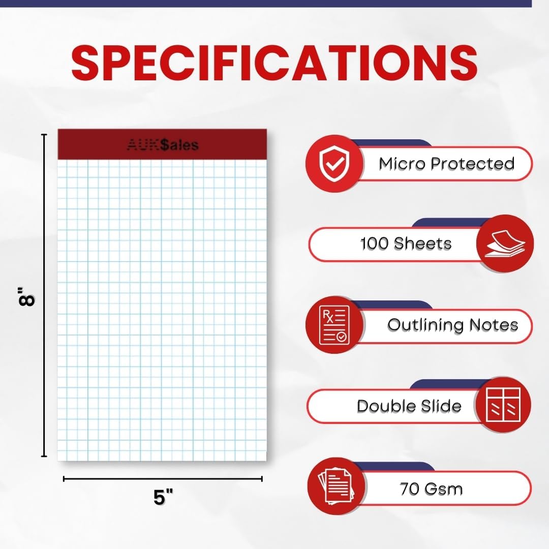 Grid Paper Pad 5x8 Inches, Graph Paper Pad 4x4, Grid Notepad, 1 Pack, 5x8 Graph Paper 1/4 Grid, Graphing Paper, Engineering Pad, 100 Sheets 200 Pages Perforated Pad for School, Home, & Office
