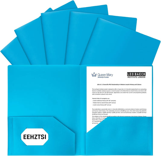 Plastic Folders with Pockets,2-Pocket Poly Folders Holds 8-1/2" x 11" Paper for School/Office/Home (Lake Blue, 6-Pack)