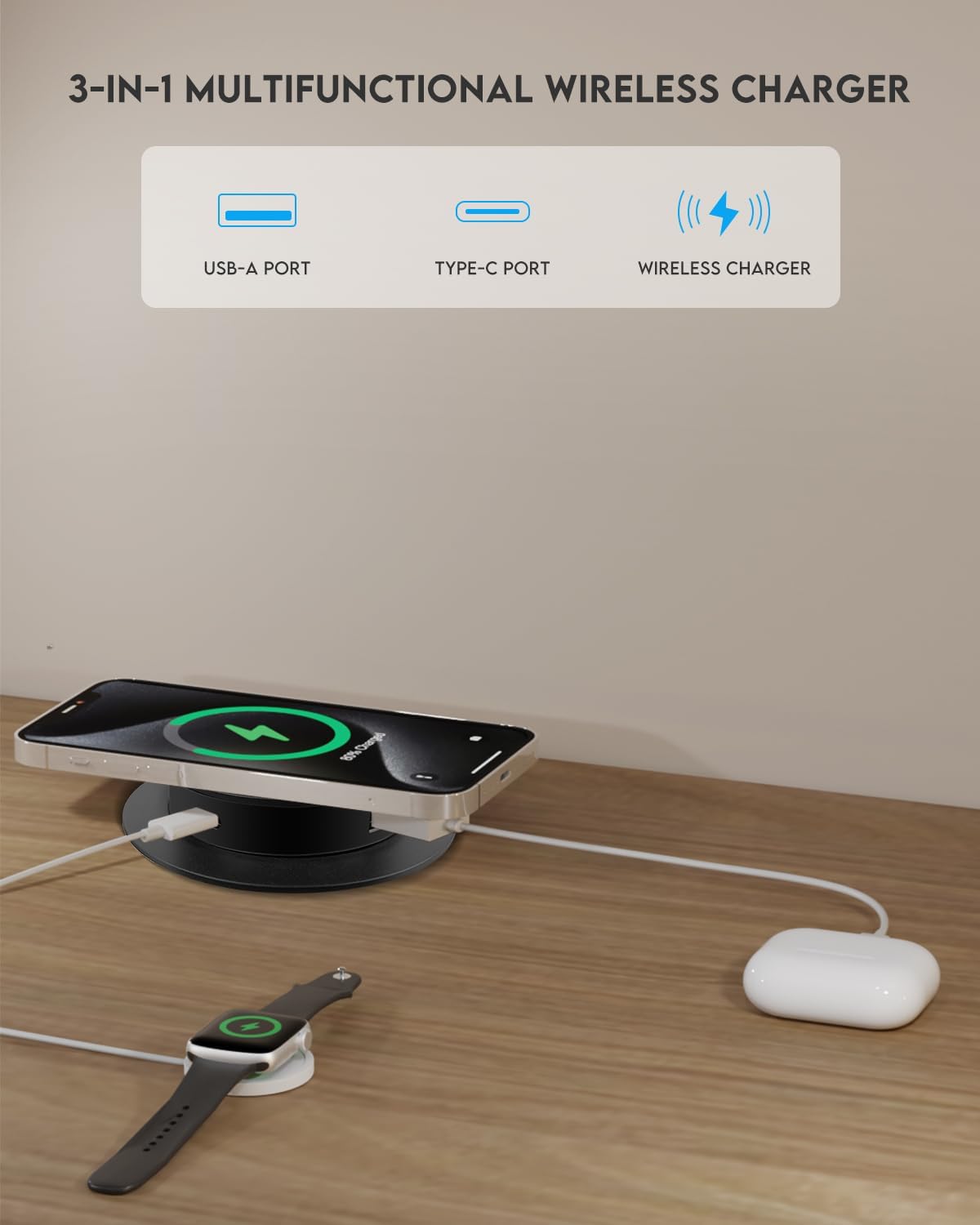 Desktop Charger, Pop up 15W Fast Retractable Desktop Charger, Invisible Charging Station with USB A and Type C Ports, Recessed Desktop Charging for Desk, Furniture - White (Black)