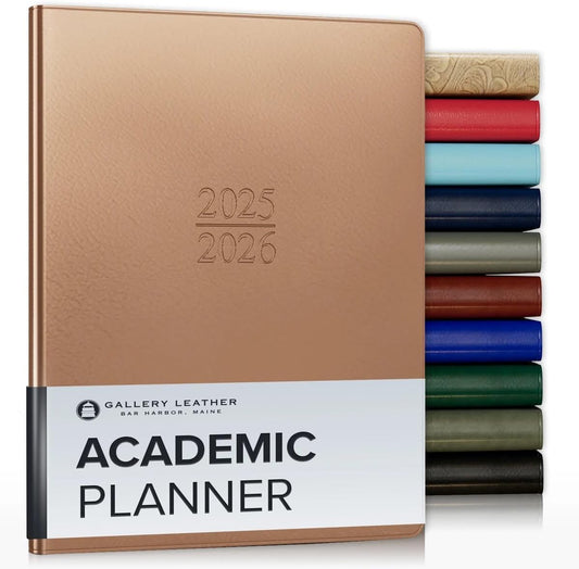 Gallery Leather Academic Planner 2025-2026, Teacher and Student Weekly Monthly Planner, Elegantly Bound Calendar with Gold-Gilded Page Edges, 18 Months - Freeport Metallic Rose Gold - 9x7"
