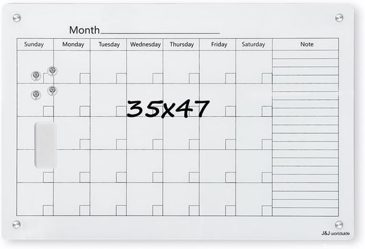 Magnetic Whiteboard Calendar, 4' x 3' Glass Wall Calendar Dry Erase Board Monthly Planner for Home, School, Office, Frameless, with Markers, Marker Tray, Eraser, Magnets