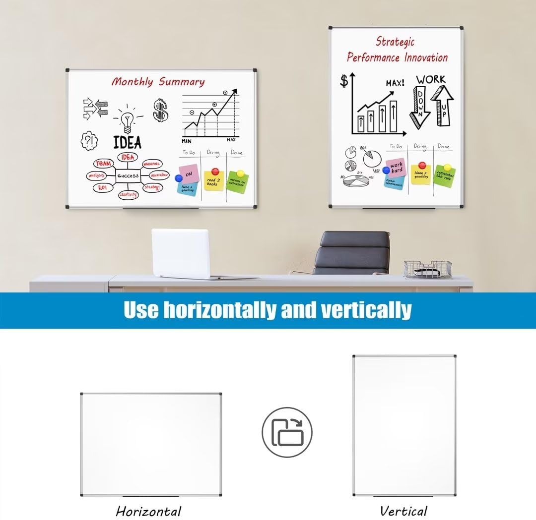 Magnetic Dry Erase Whiteboard 48 x 36 Inch - 4 x 3 Large White Board, Silver Aluminum Frame Wall-Mounted, Magnetic Eraser, 2 Pen, Detachable Marker Tray, 6 Magnets for Office, School