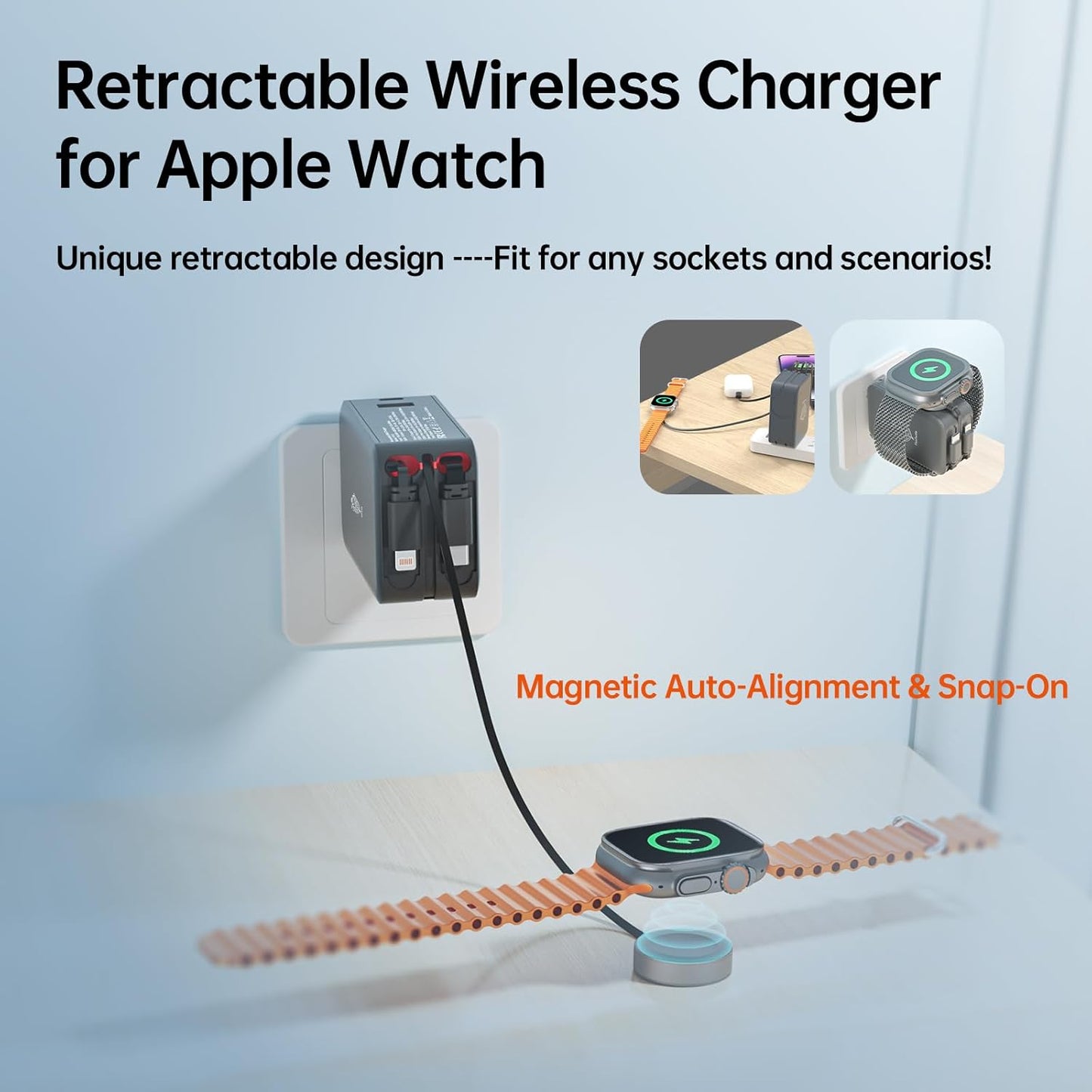 Apple Watch Charger Travel Essentials, 5 in 1 Travel Charging Station for Apple Devices, Retractable Wall Charger with 3 * 3.2ft Retractable Cables, Fast Charger Block for Apple Gear, Grey