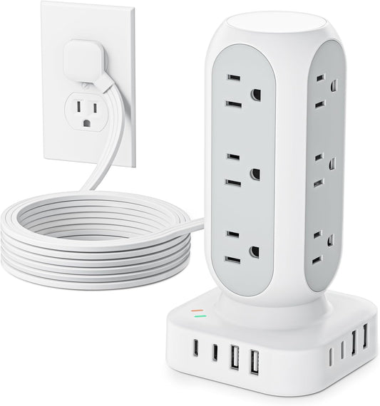 Tower Power Strip with Surge Protection, Flat Plug Outlet Extender with 12 AC Outlets & 8 USB Ports, 5 FT Extension Cord with Multiple Outlets, 24W Total Charging Station for Home Office Dorm Room