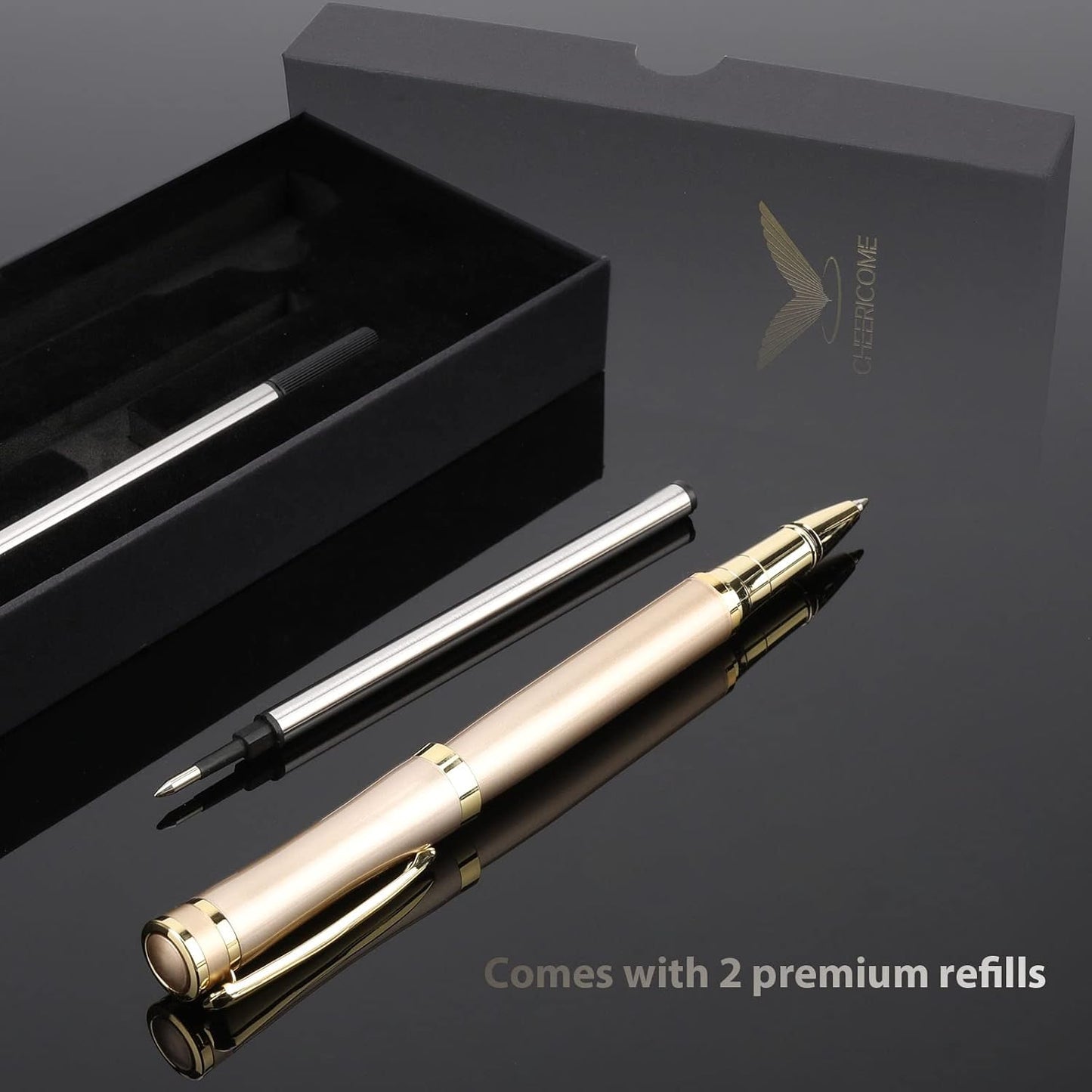 cheericome Luxury Ballpoint Pen - Professional & Executive, Perfect for Silky Smooth Writing, with Gift Box, Nice Pen for Men & Women, 2 Extra 0.5mm Black Refills - Gold