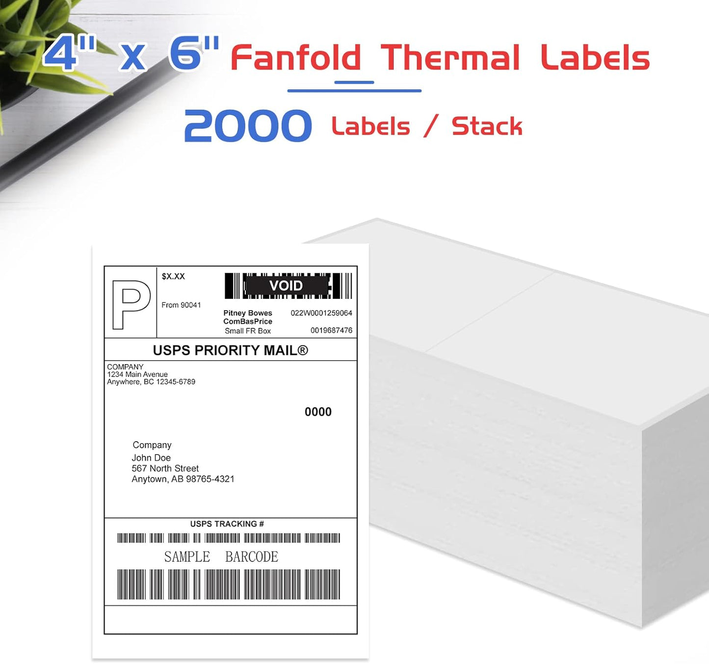RyhamPaper 4" x 6" Fanfold Label Direct Thermal Labels - White Shipping Mailing Postage Labels, Perforated, Permanent Adhesive 2000 Labels Per Stack (2 Stacks - 4000 Labels)
