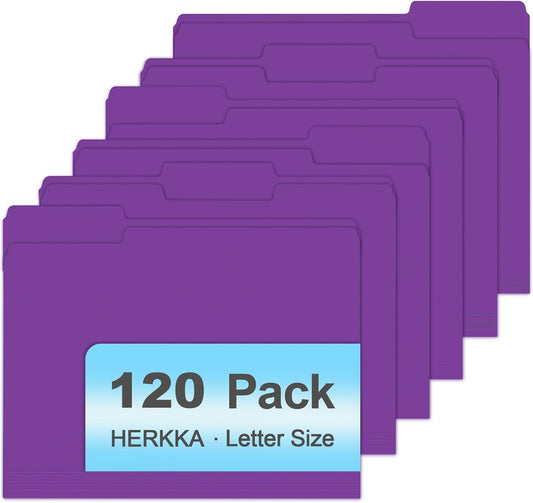 File Folder, HERKKA 120 Pack 1/3 Cut Tab File Folders, File Folders Great for Organizing and Filing, Letter Size, Purple