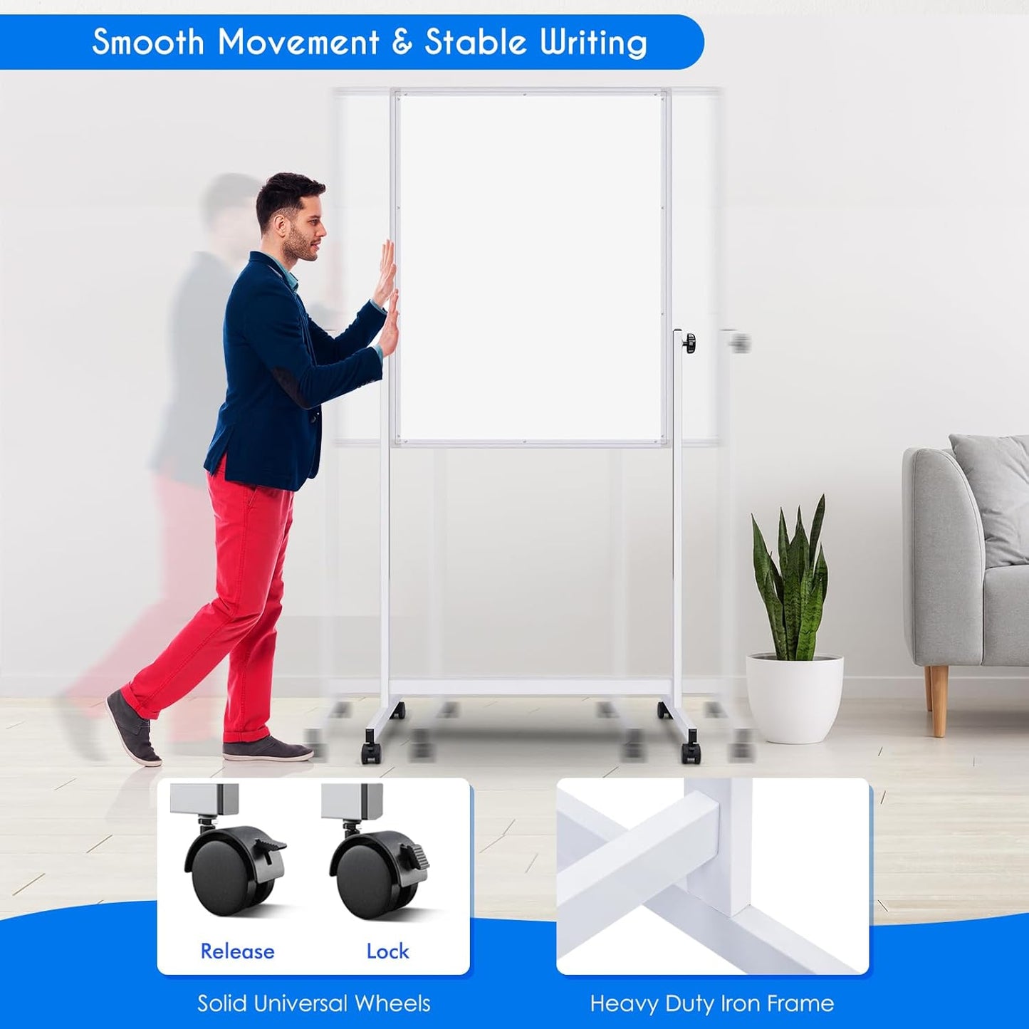 maxtek Rolling White Board, 44 x 28 Height Adjustable Whiteboard on Wheels, Large Magnetic Standing Mobile Easel Board, Double-Sided with Stand for Office, Home, and Classroom