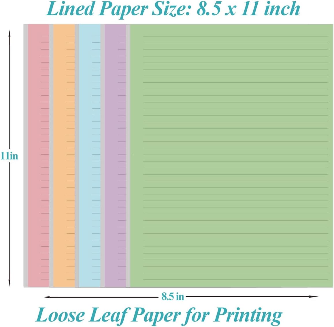 Unpunched Colorful Lined Paper - 100 Sheets/200 Pages Loose Leaf Paper Line Refills, Per Color 20 Sheets, 8.5" x 11"