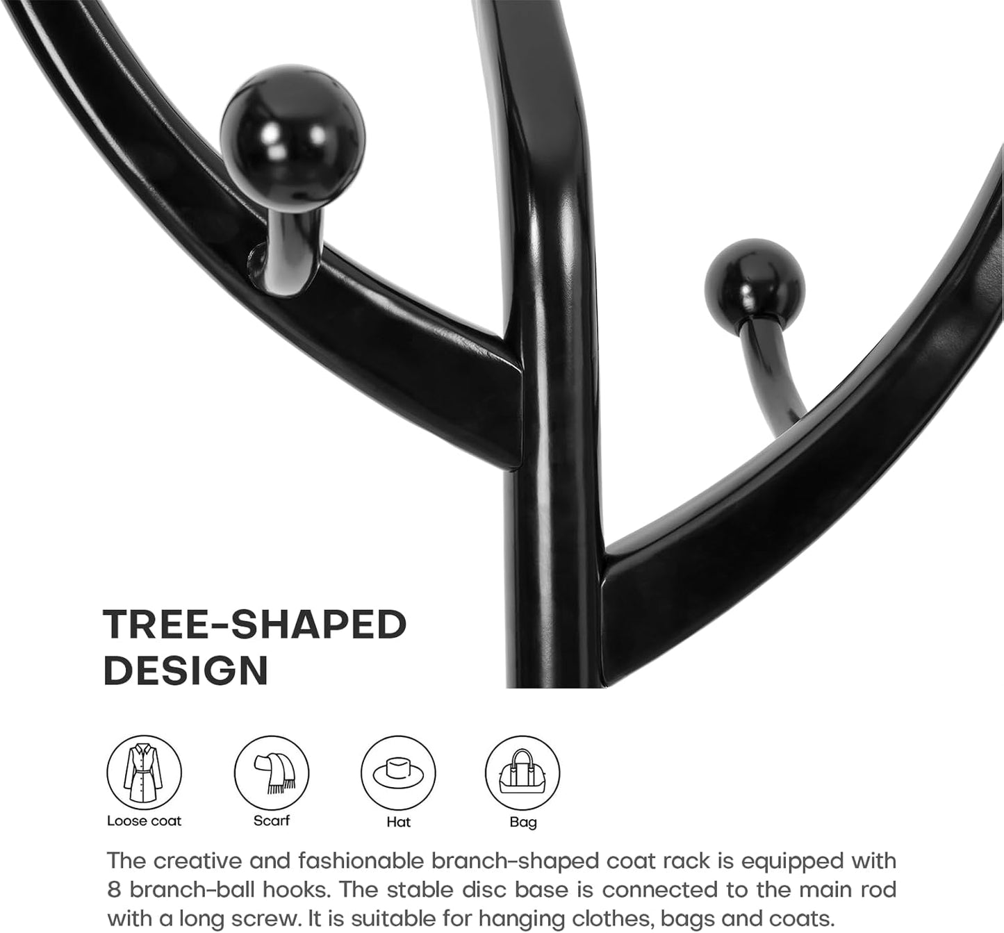 Wood Coat Rack Coat Tree Freestanding with Hooks, Heavy Duty Standing Coat Rack with Solid Round Base, 74” Tree Shaped Coat Hanger Stand for Clothes, Hat, Jacket, Entryway Bedroom, Balck