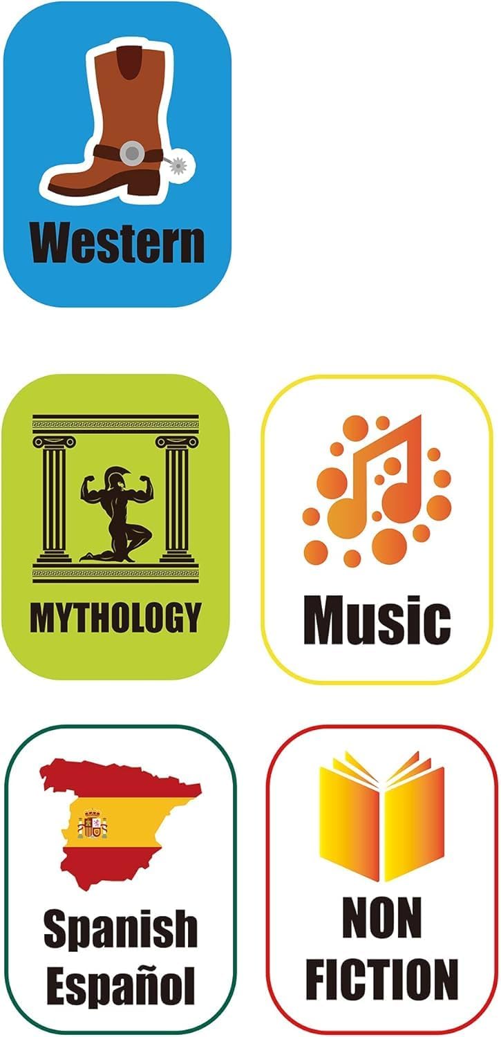 Library Genre Book Spine Labels | Classroom Classification Stickers Set of 450pcs | Nonfiction, Western, Mythology, Spanish, Music