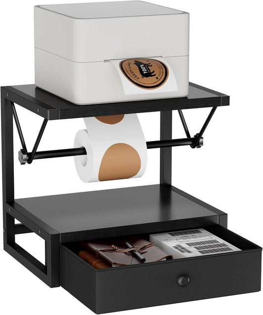 IBUYKE Label Holder for Rolls and Fan-Fold Labels,Wooden Thermal Shipping Label Stand With Drawer Desktop Printer Holder for Home, Office, Small Business,Black TPS003B