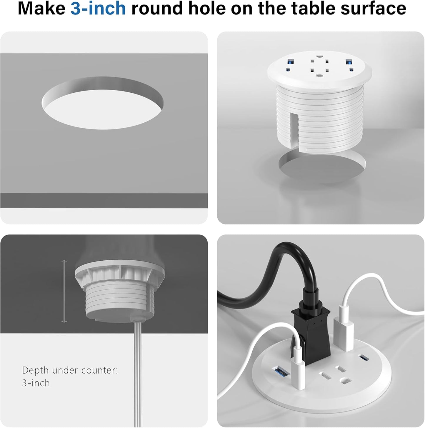 3 inch Desktop Power Grommet with PD 20W USB C,Furniture Recessed Power Strip,2 Outlets,4 USB Ports,40W Total,Flush-Mount for Desktop, Workspace Essential Desk Outlet (White, 3 FT Cable)