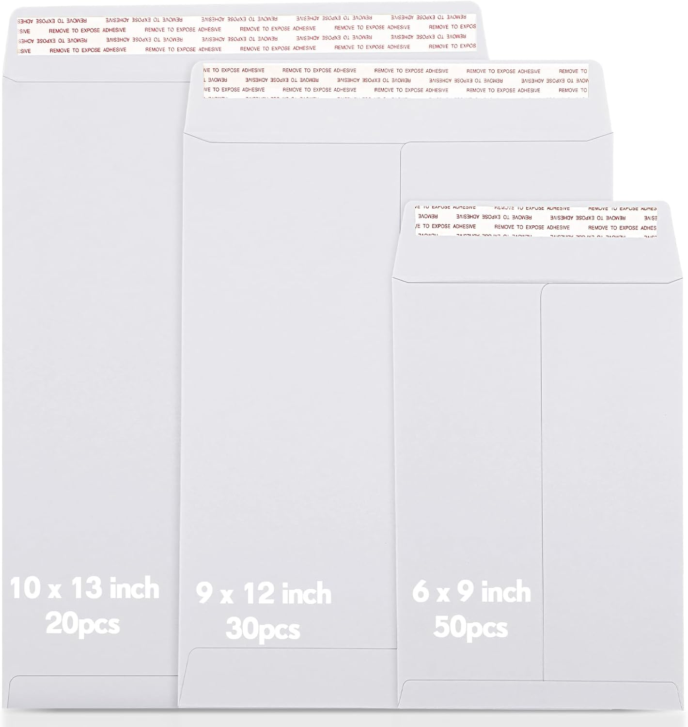 100 Pcs 3 Sizes Catalog Mailing Envelopes, Peel and Seal, Anti Tear Kraft Paper Printable Catalog Envelope for Filing, Storing or Mailing Documents, 6 x 9 In, 9 x 12 In, 10 x 13 In (White)