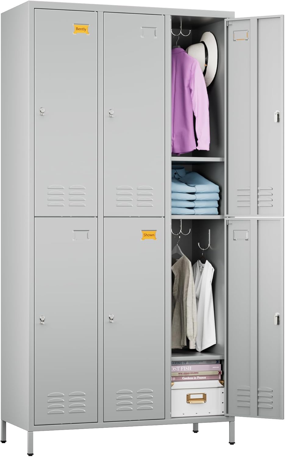 6 Doors Metal Locker with Business Card Holder,Metal Locker for Employees with 18 Hooks for School Garage Office Gym Home,Assembly Required,Light Grey