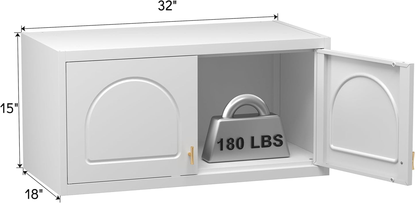 Metal Wall Cabinet, Upper Cabinet for Wardrobe, Small Overhead Storage Cabinet for Bedroom, Living Room, White, 18" D x 32" W x1 5" H - Assembly Required