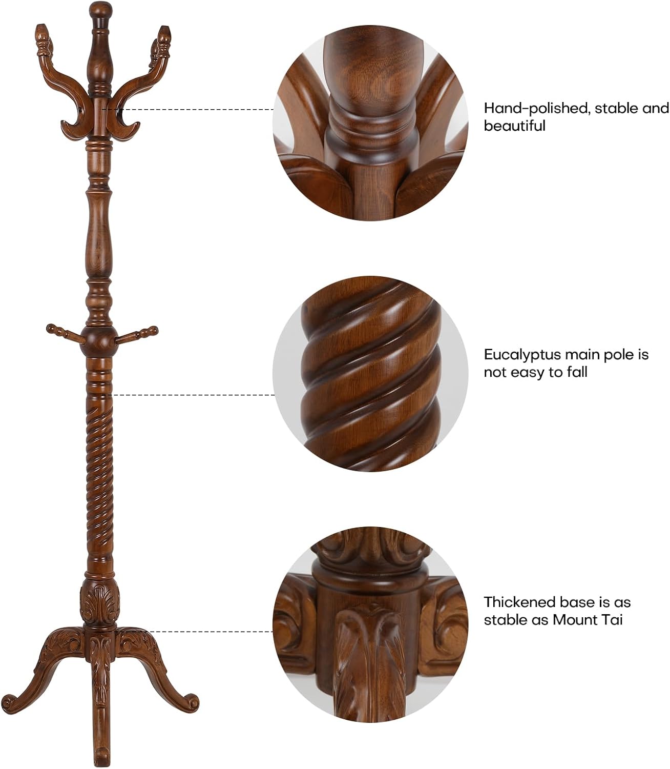 Coat Rack Freestanding Coat Tree Stand with 8 Hooks, 79" Heavy Duty Premium Ash Wood Coat Hanger Stand, Floor Standing Clothes Coat Rack Stand for Entryway Corner, Hallway,Bedroom Load 160lbs