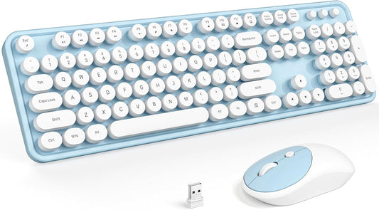 MOFII Wireless Keyboard and Mouse, Retro Full Size Typewriter Keyboard and 3 Adjustable DPI Mouse Combo for Windows 7/8/10, Laptop, Desktop, PC, Computer (Blue)